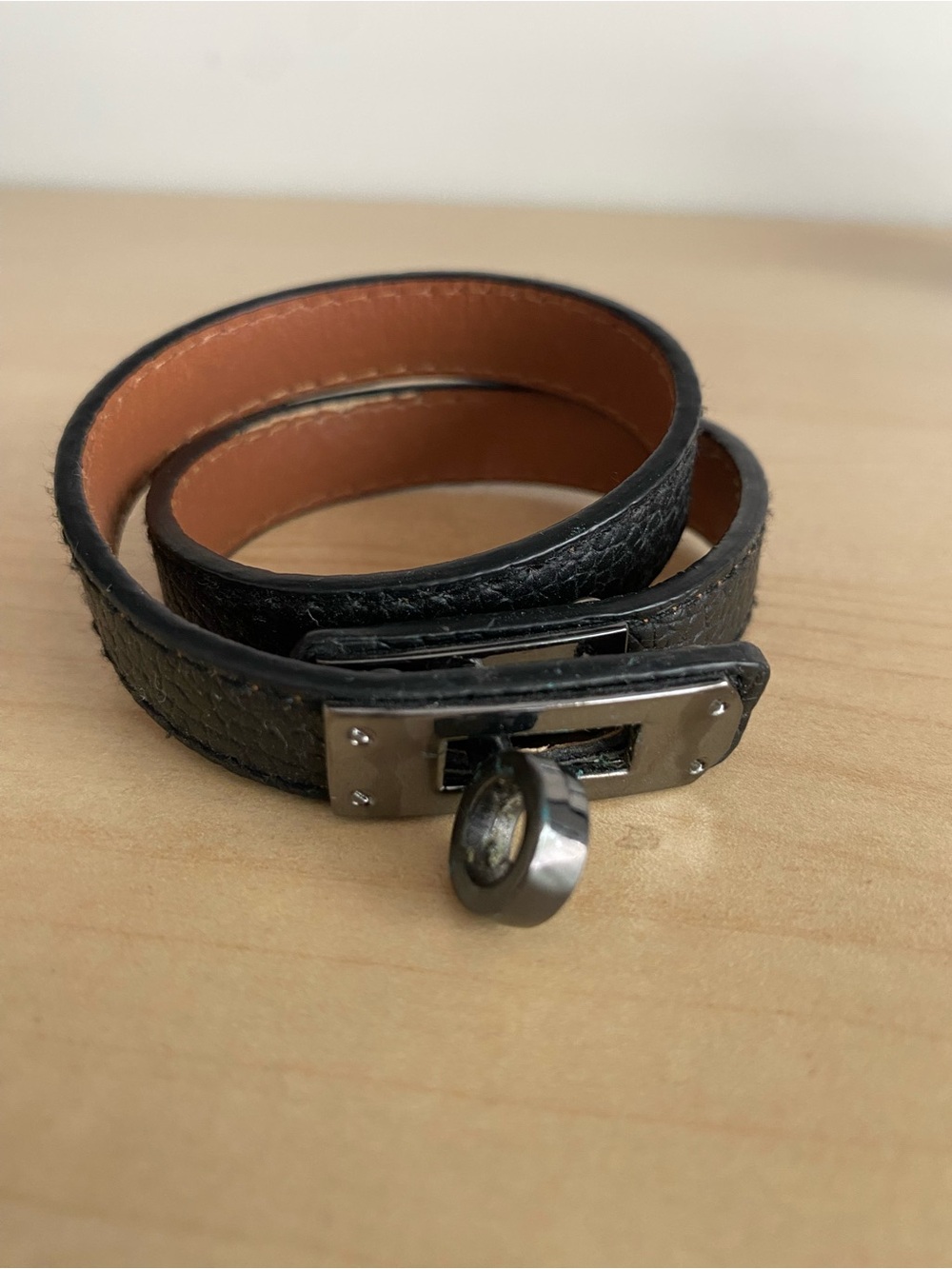 Women's Double Wrap Black Leather Bracelet with Silver Charm